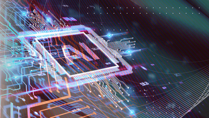 Processor labeled “AI” on a background of electronic circuits and data.