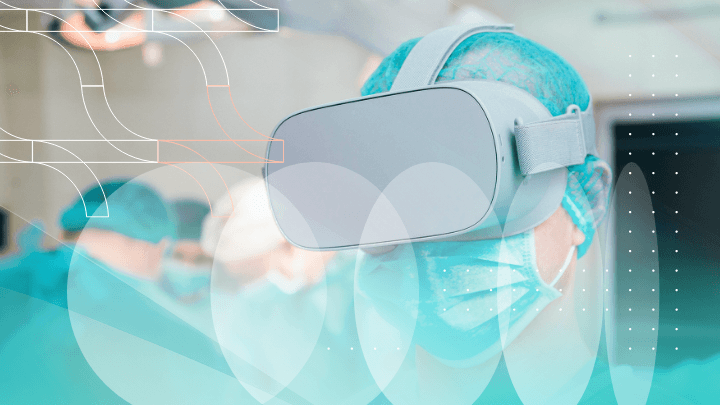 Surgeon wearing VR goggles in an operating room, demonstrating technology applications.