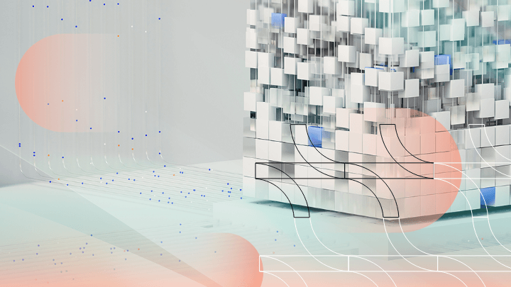 Abstract 3D structure with hanging cubes, representing data.