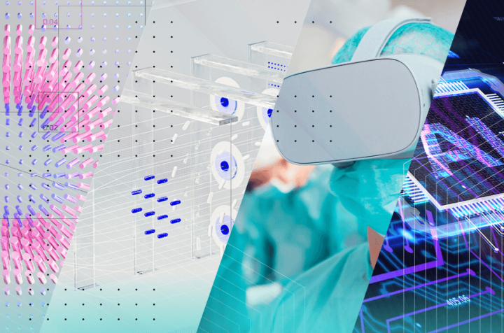 Collage with abstract graphics, surgery, and VR goggles, symbolizing innovation.
