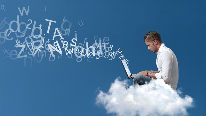 cloud computing image, man sitting with laptop on the cloud