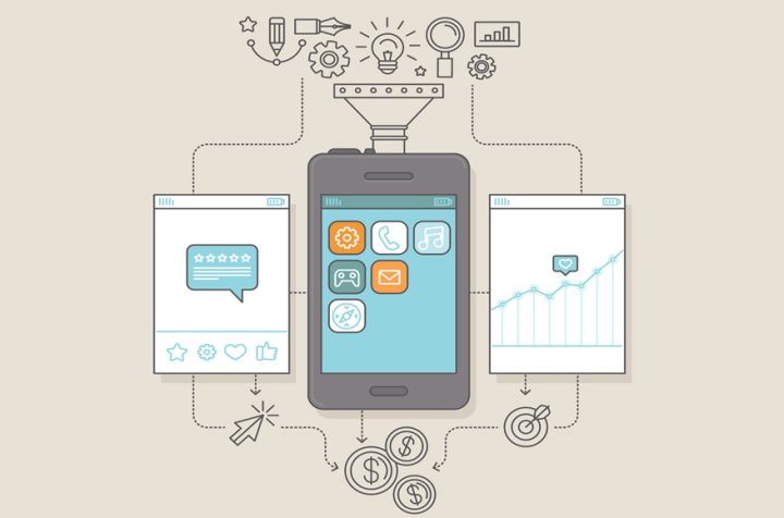 Illustration of a mobile phone with infographics and apps.
