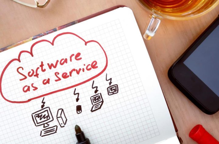 Sketch of ‘Software as a Service’ in a notebook with computers and a cloud.