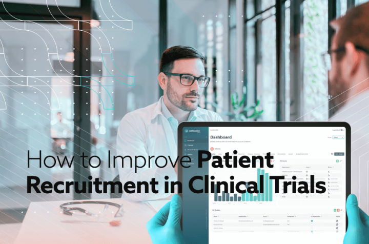 Man holding a tablet displaying 'How to Improve Patient Recruitment in Clinical Trials.'
