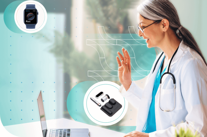 Doctor on a video call, connected to a smartwatch.