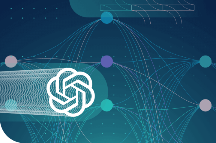 OpenAI logo on a blue network background of connected points.