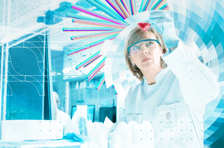 Female scientist wearing safety goggles in a laboratory, holding a container with liquid, DNA in the background.