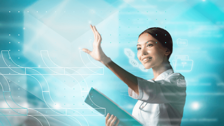 Female scientist reaching towards the future and holding a tablet.