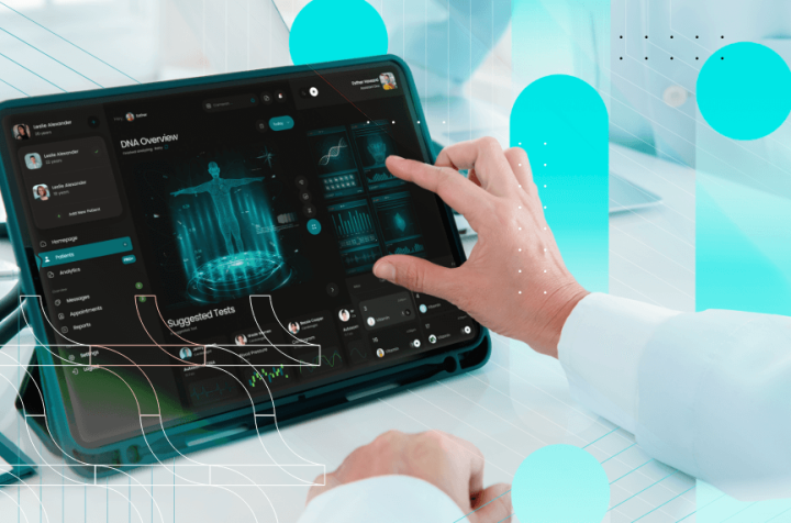 Doctor using a tablet to view a 3D model of the human body.