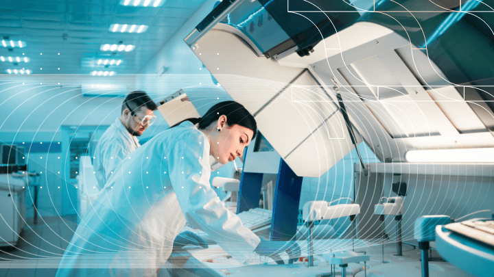 Scientists in a laboratory working with high-tech equipment, analyzing data.
