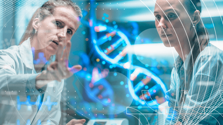Two specialists discussing a digital DNA structure, symbolizing personalized medicine.