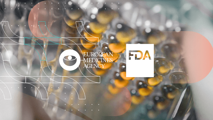 Capsules in a blister pack, logos of the European Medicines Agency and the FDA.