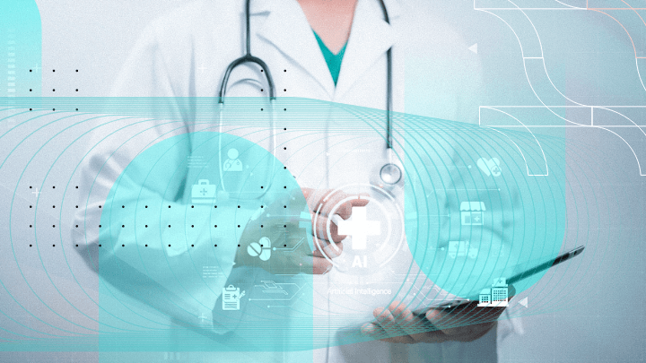 Medical professional holding a tablet with holographic healthcare and AI icons.