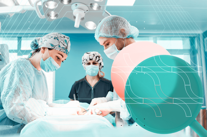 Surgical team performing an operation in a modern operating room with digital elements.