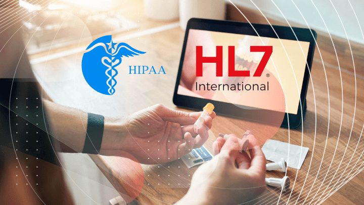 Person holding medical supplies, with HL7 and HIPAA logos on a tablet.