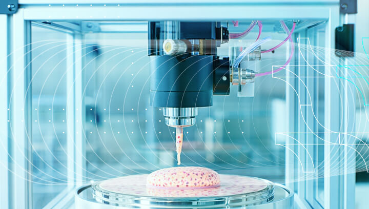 A bioprinter in the process of 3D printing biological tissue.