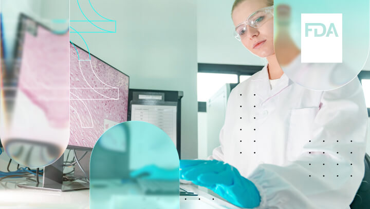 A scientist in a laboratory and the FDA logo highlighting key principles of software assurance.