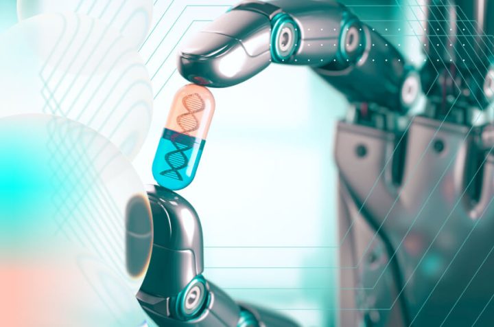 A robotic arm holding a capsule with a DNA image.