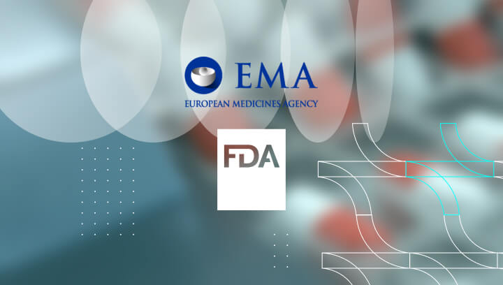 FDA and EMA regulatory agency logos on a futuristic pharmaceutical background.