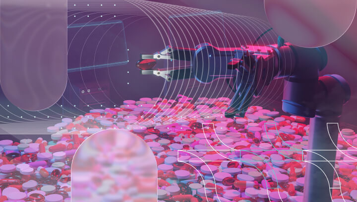 Robotic arm with AI-powered scanning technology inspecting pharmaceutical tablets on a production line in continuous manufacturing