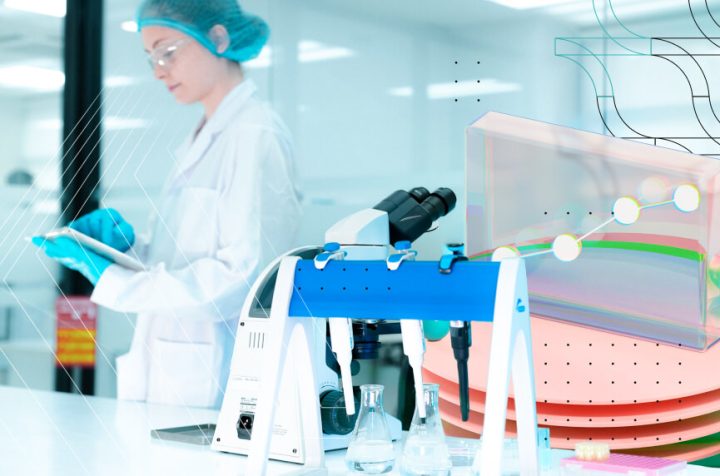 GMP lab scientist with microscope and PAT data overlay. Text overlay: Process Analytical Technology in Pharma - Why Software is the Missing Layer.