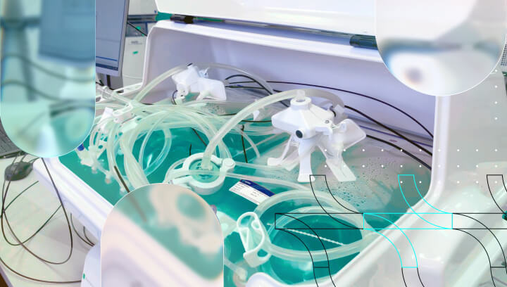 Automated downstream bioprocessing system in a laboratory environment with tubing connections, filtration modules, and purification equipment for biopharmaceutical products.