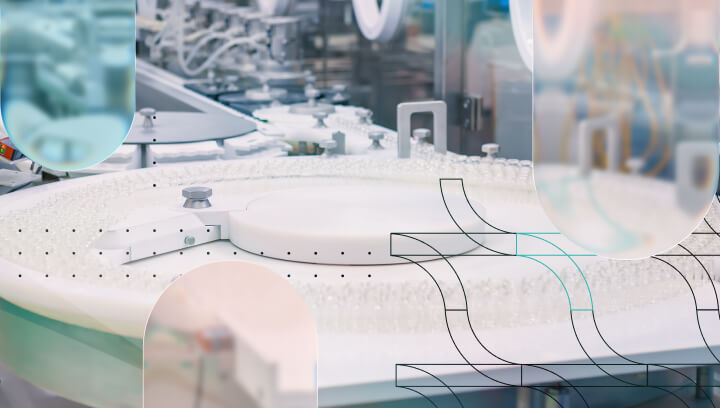 Pharmaceutical Tablet Manufacturing Line with Digital Process Overlay
Alt text: Aerial view of a pharmaceutical tablet production carousel with digital schematic lines overlaid, representing data-driven process monitoring in GMP manufacturing.
