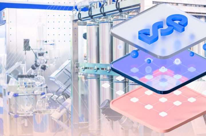 A conceptual 3D graphic showing layers of a digital platform overlapping a blurred background of a modern pharmaceutical manufacturing facility and laboratory equipment.