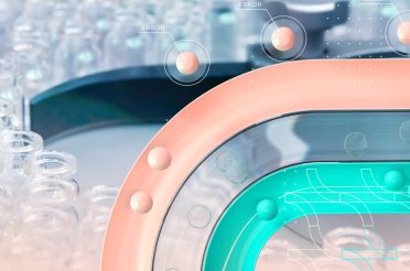 Hero image for an article on Right First Time pharmaceutical manufacturing, featuring a production line with error detection overlays and the article title displayed prominently.