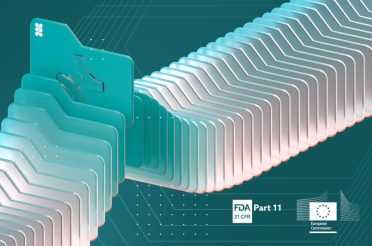 Electronic batch records shown as stacked teal digital folders flowing into a metallic production line